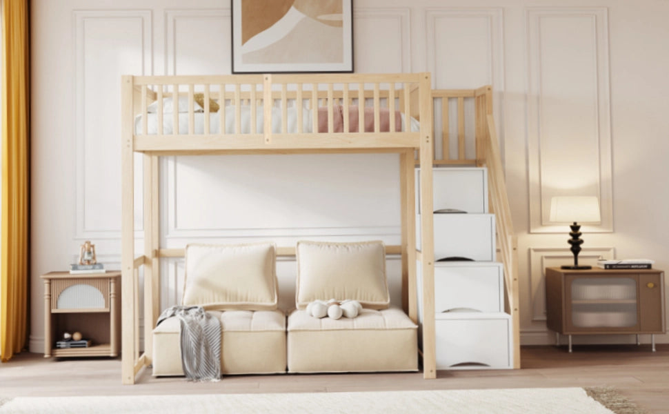 Letto a soppalco in pino massello con scala contenitore di sicurezza e recinzione; colore legno; 140x200 cm; senza materasso
