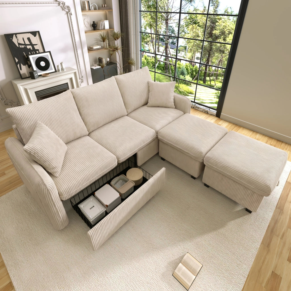 Divano modulare a 3 posti con funzione letto e contenitore con 2 pouf contenitore in tessuto effetto corda beige