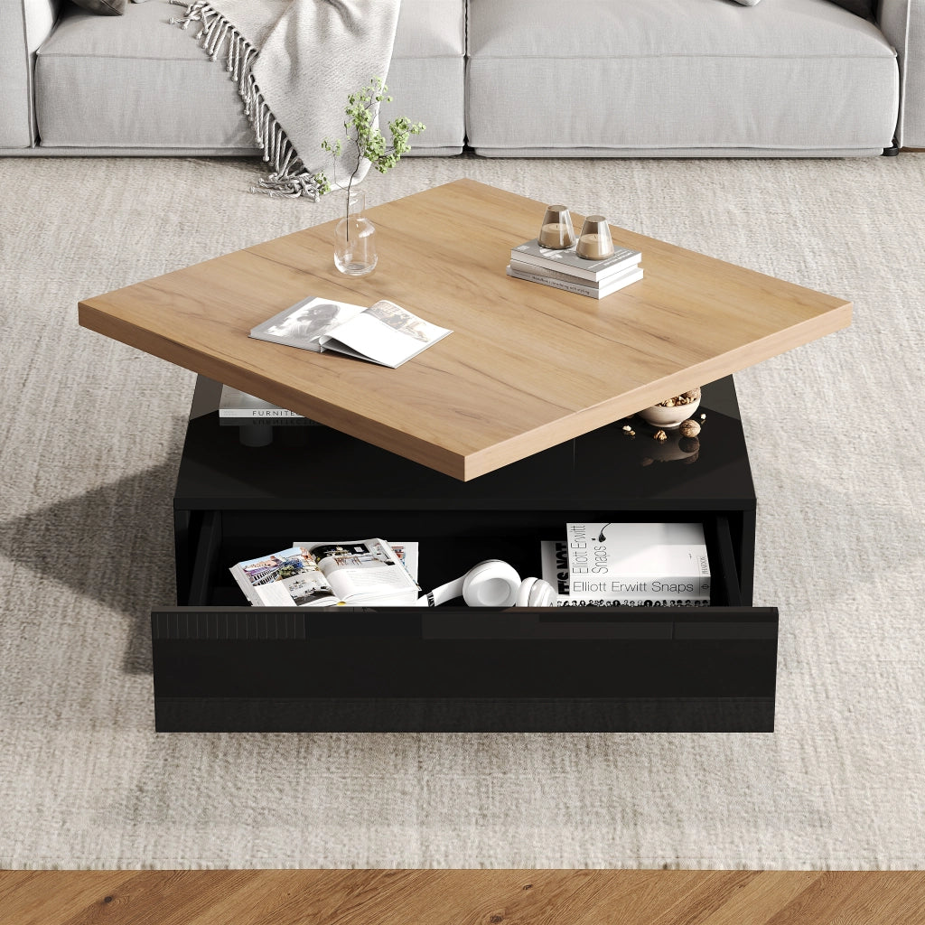 Tavolino da caffè con piano girevole e vano contenitore per soggiorno in truciolare noce 70x70x36 cm
