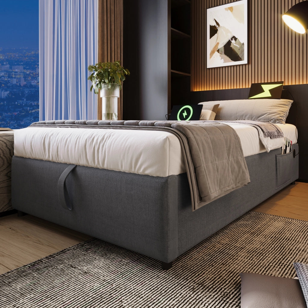 LETTO Contenitore 90x190 cm Grigio con USB e Type-C