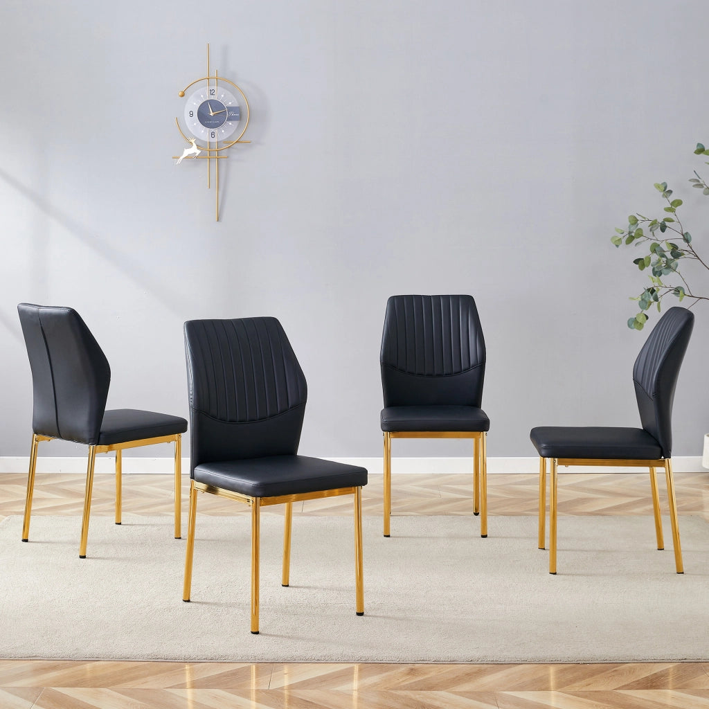 [Set di 4] Eleganti sedie da pranzo in stile lusso discreto: schienale in PU nero con goffratura verticale + gambe in metallo dorato, adatte a sale da