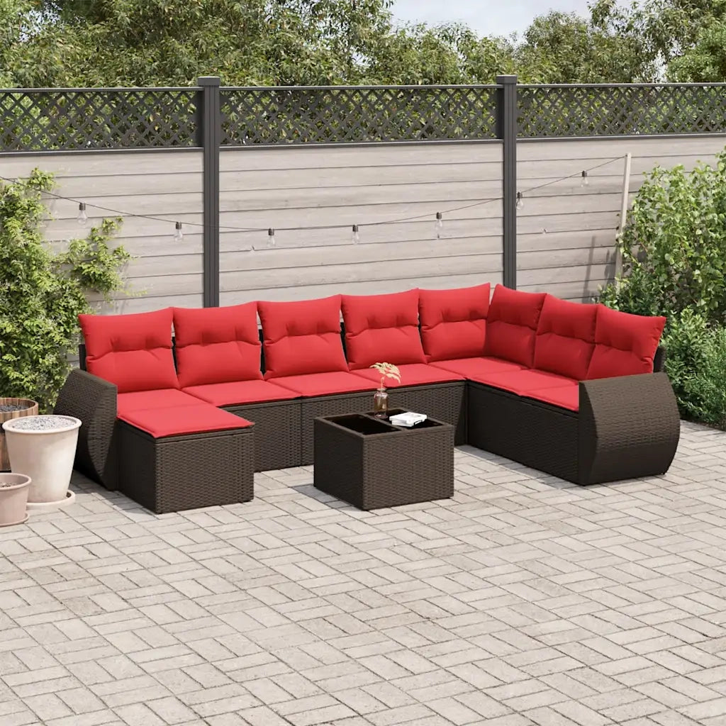 Set Divani da Giardino 9 pz con Cuscini Marrone in Polyrattan 3221773