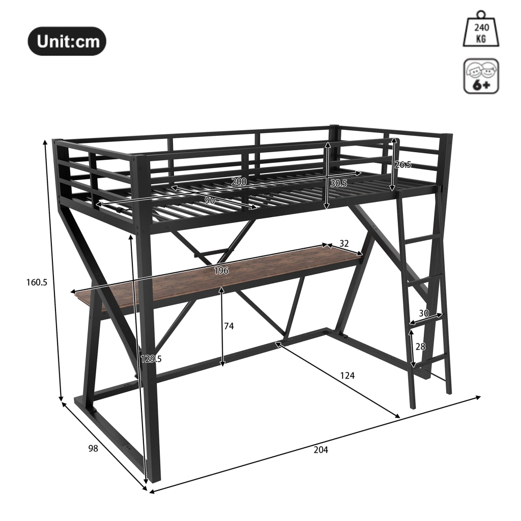 Letto a soppalco per bambini 90x200 cm con scrivania, scala, LED multicolore e ringhiera, nero