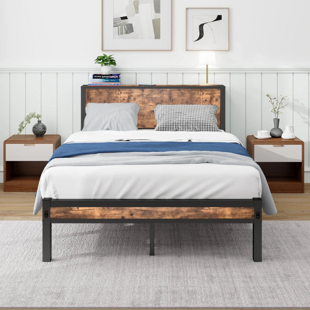 Letto singolo 120 × 200 cm con testiera; rete a 13 doghe e vano sottoletto da 27 cm in MDF e metallo marrone antico