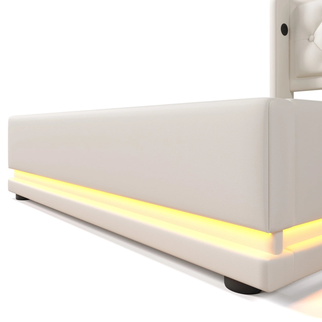 Letto imbottito 90x200 cm con materasso, contenitore e testiera con USB e LED