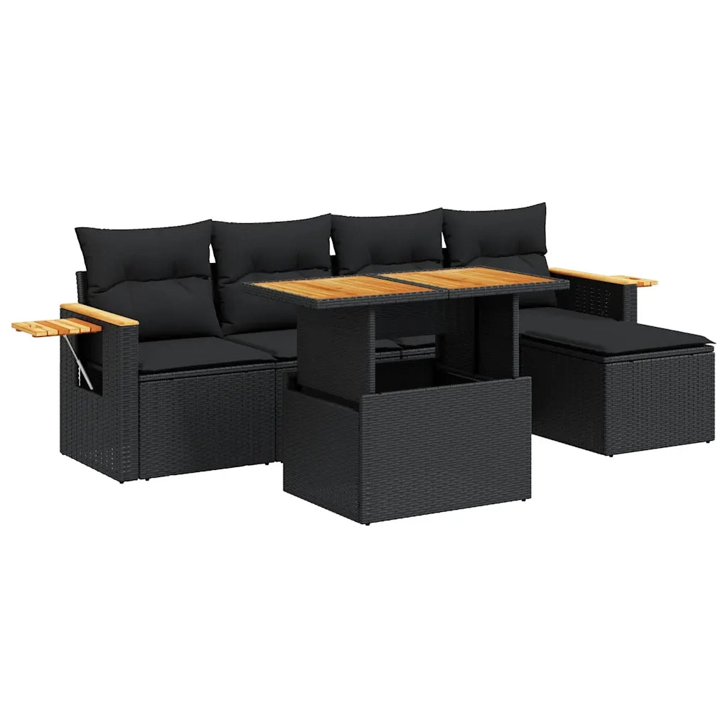 Set Divano da Giardino 6 pz con Cuscini Nero Polyrattan Acacia 3327583