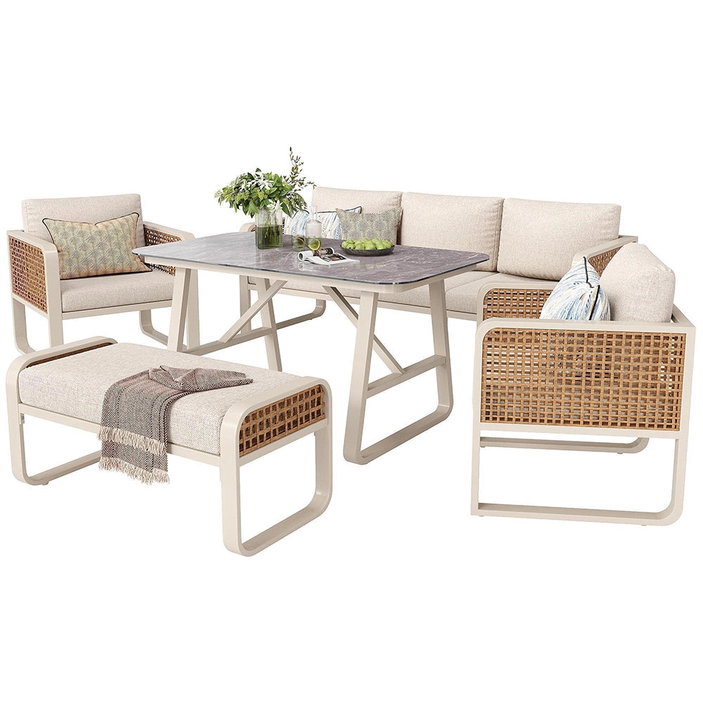 Set da giardino per 6-7 persone - Xylo - Tavolo e divano con cuscini lavabili, beige