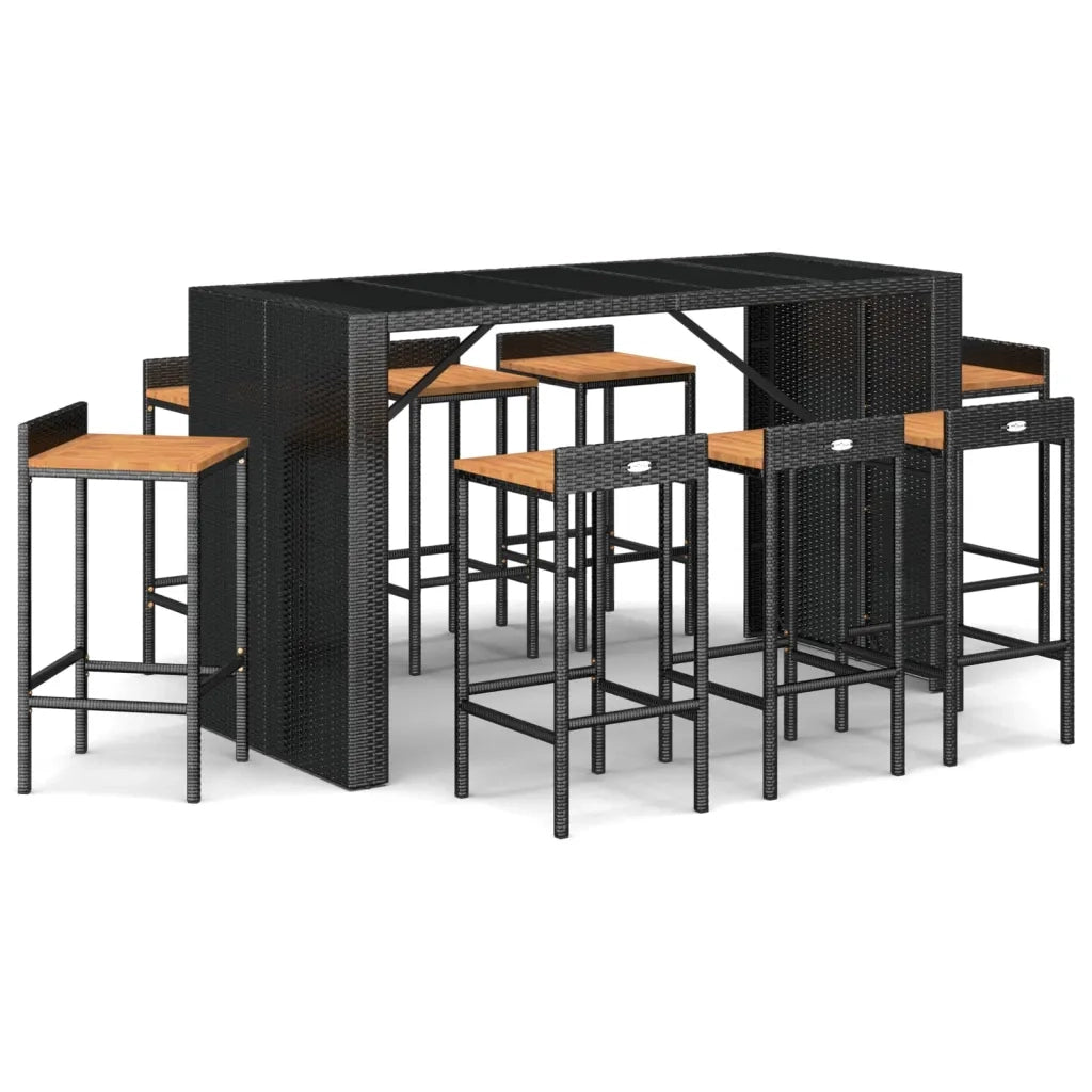 Set Bar Giardino 9 pz Nero Polyrattan e Legno Massello Acacia 3187688