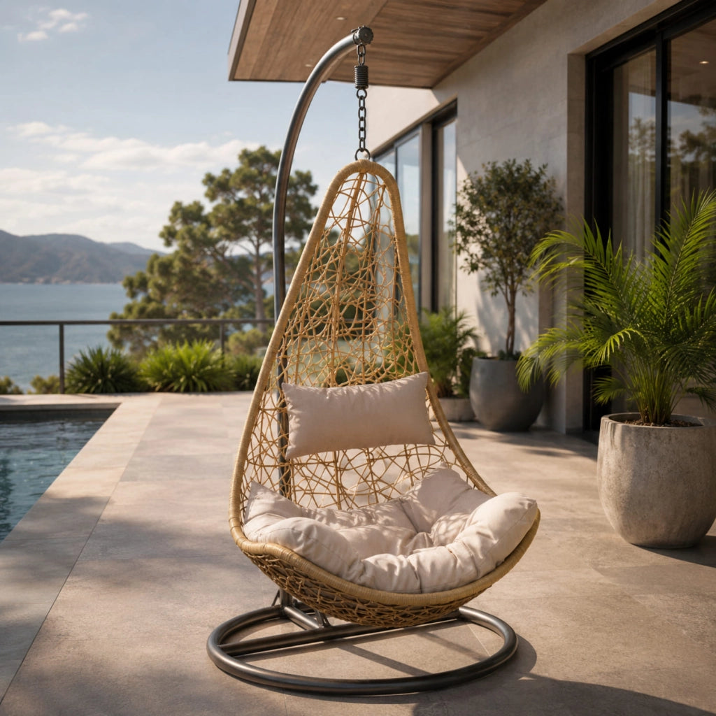 Poltrona Sospesa Da Giardino Con Struttura Autoportante In Metallo Seduta In Polyrattan Con Cuscino E Poggiatesta Arredo Outdoor Terrazza Balcone E Veranda 105 x 195 Cm Beige