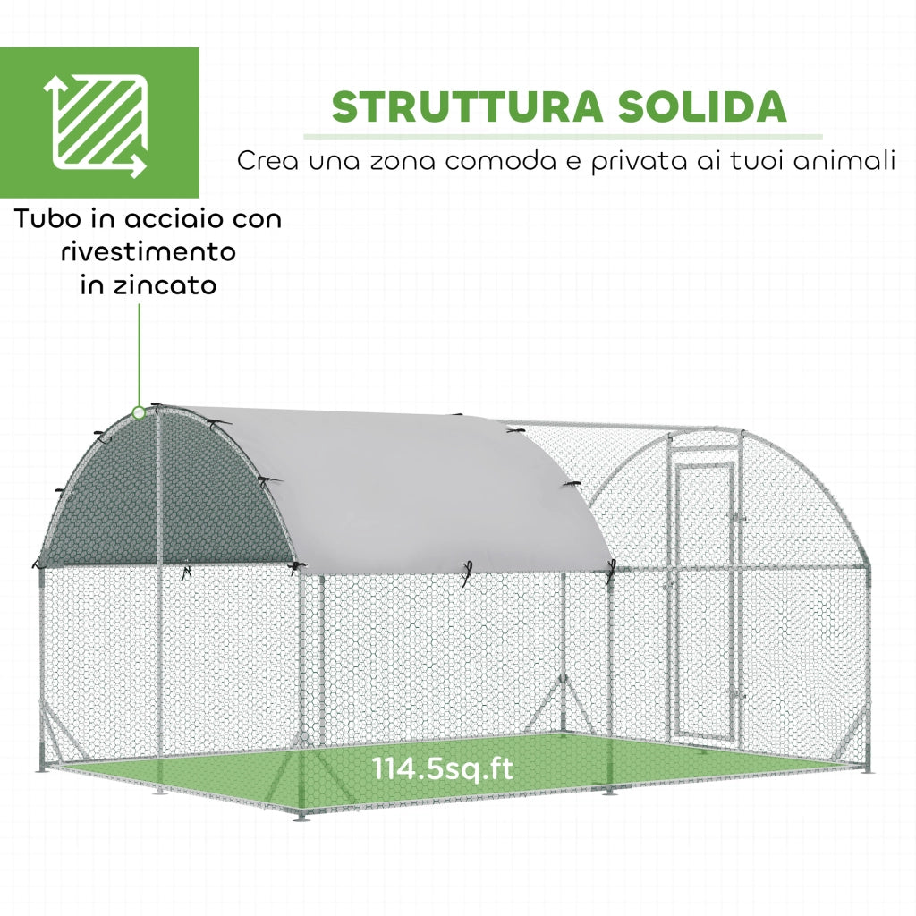Recinto per Galline in Metallo Galvanizzato con Tetto e Copertura Anti UV, 280x380x197 cm, Argento