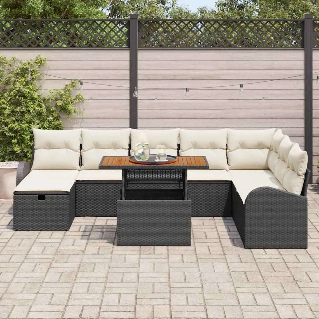 Set Divano da Giardino con cuscino 9 pcs Nero polyrattan