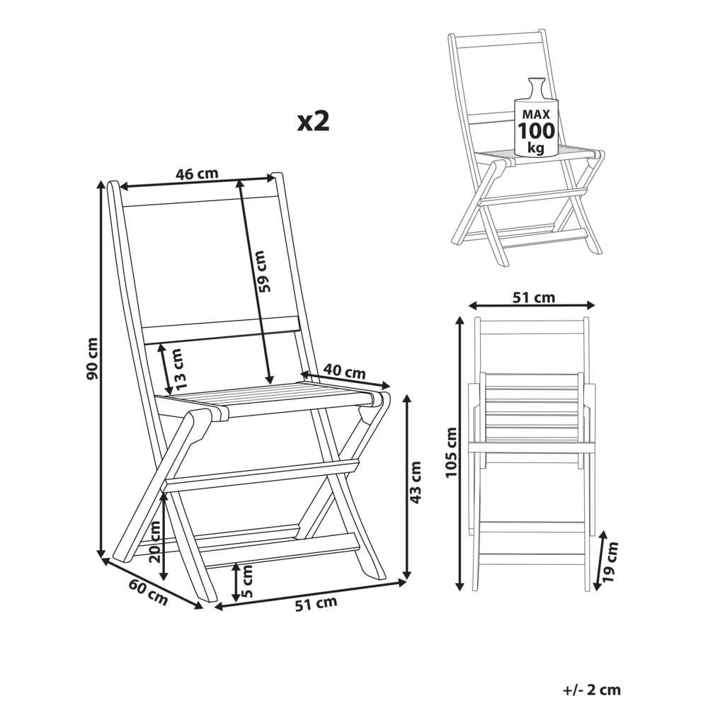 Set di 2 sedie da giardino per esterni in legno d'acacia chiaro pieghevoli stile rustico