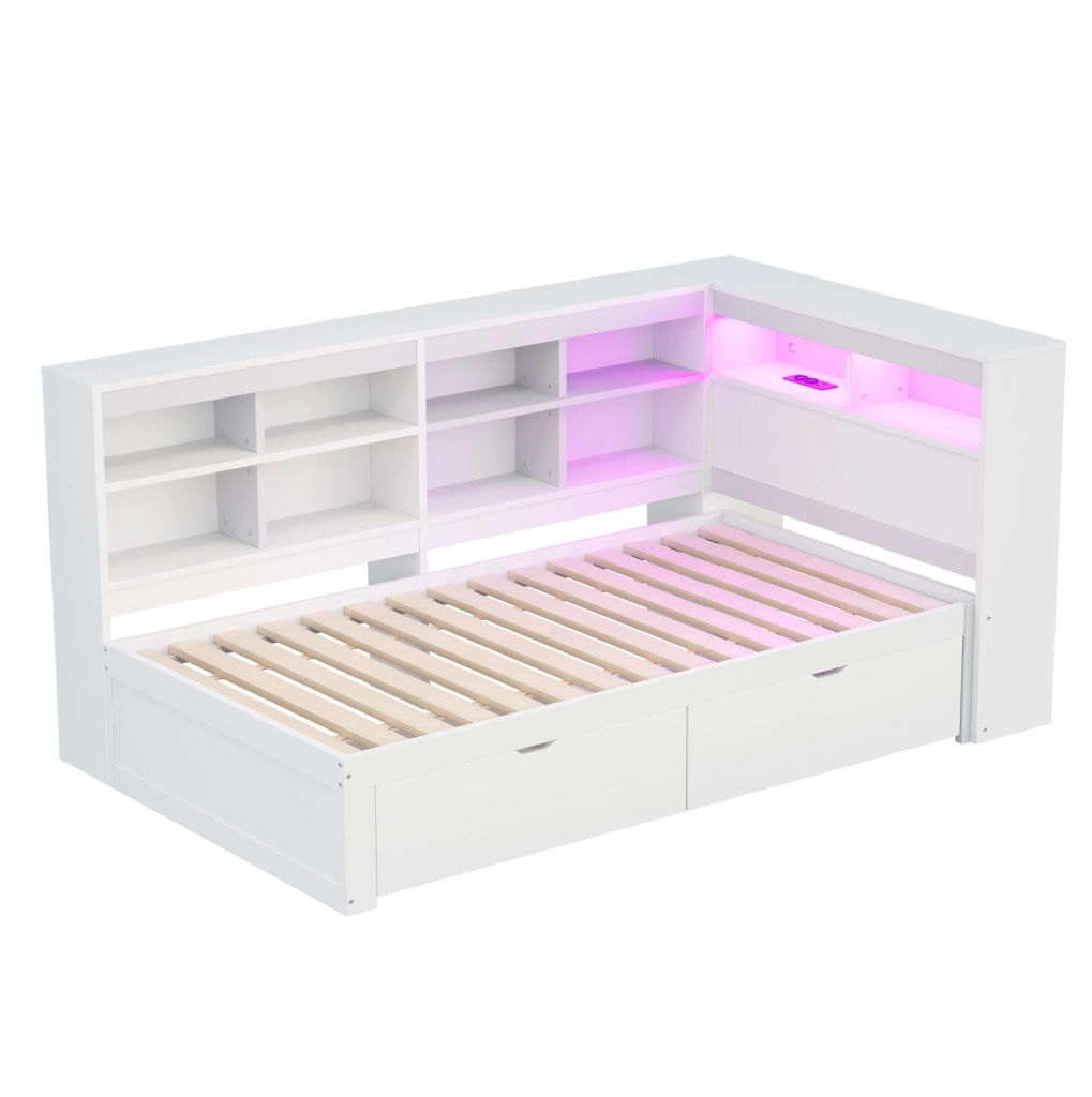 Letto 90x200 cm con contenitori; cassetti; USB e LED in legno