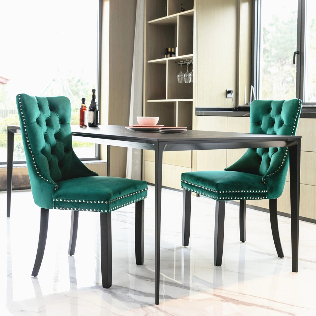 Nikki Collection - Set di 2 sedie da pranzo moderne e di alta gamma in legno massello trapuntato con rivestimento in velluto e gambe in legno con borc