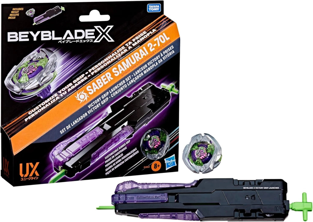 Beyblade X Set con lanciatore victory grip , Saber Samurai 2-70L, Hasbro, Eta 8+