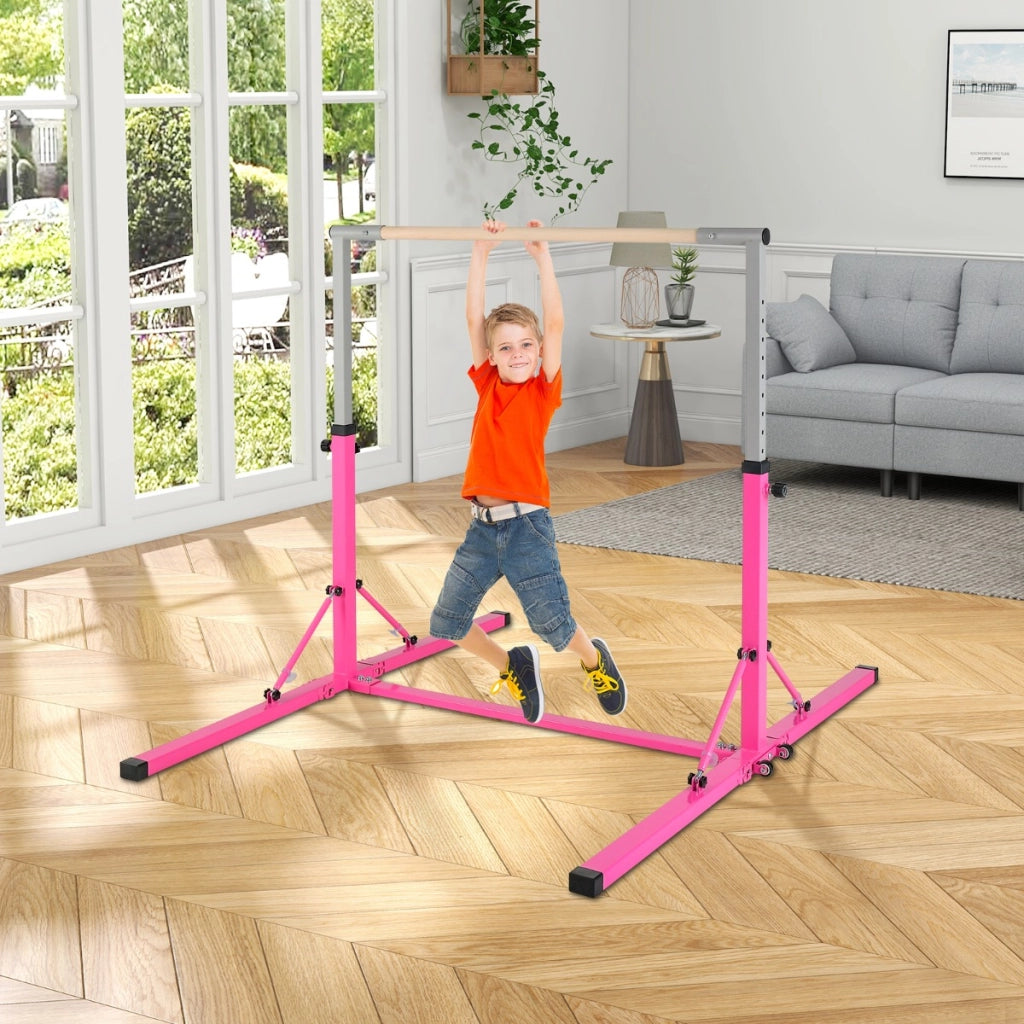 Barra ginnastica per bambini con 13 altezze regolabili portata 100kg-Attrezzatura palestra domestica Rosa