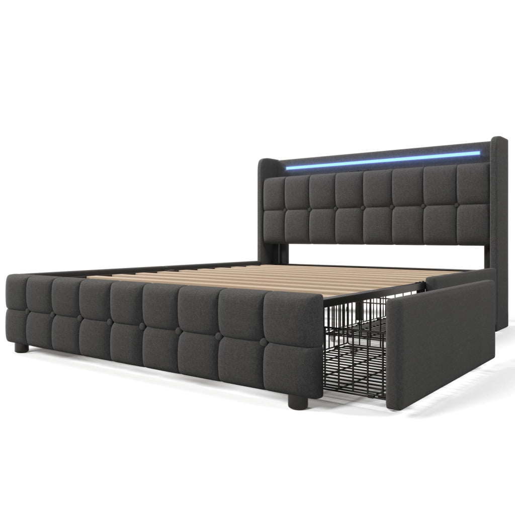 Letto Imbottito con LED, USB e Cassetti ¨C MINIMAL ¨C Grigio 180x200