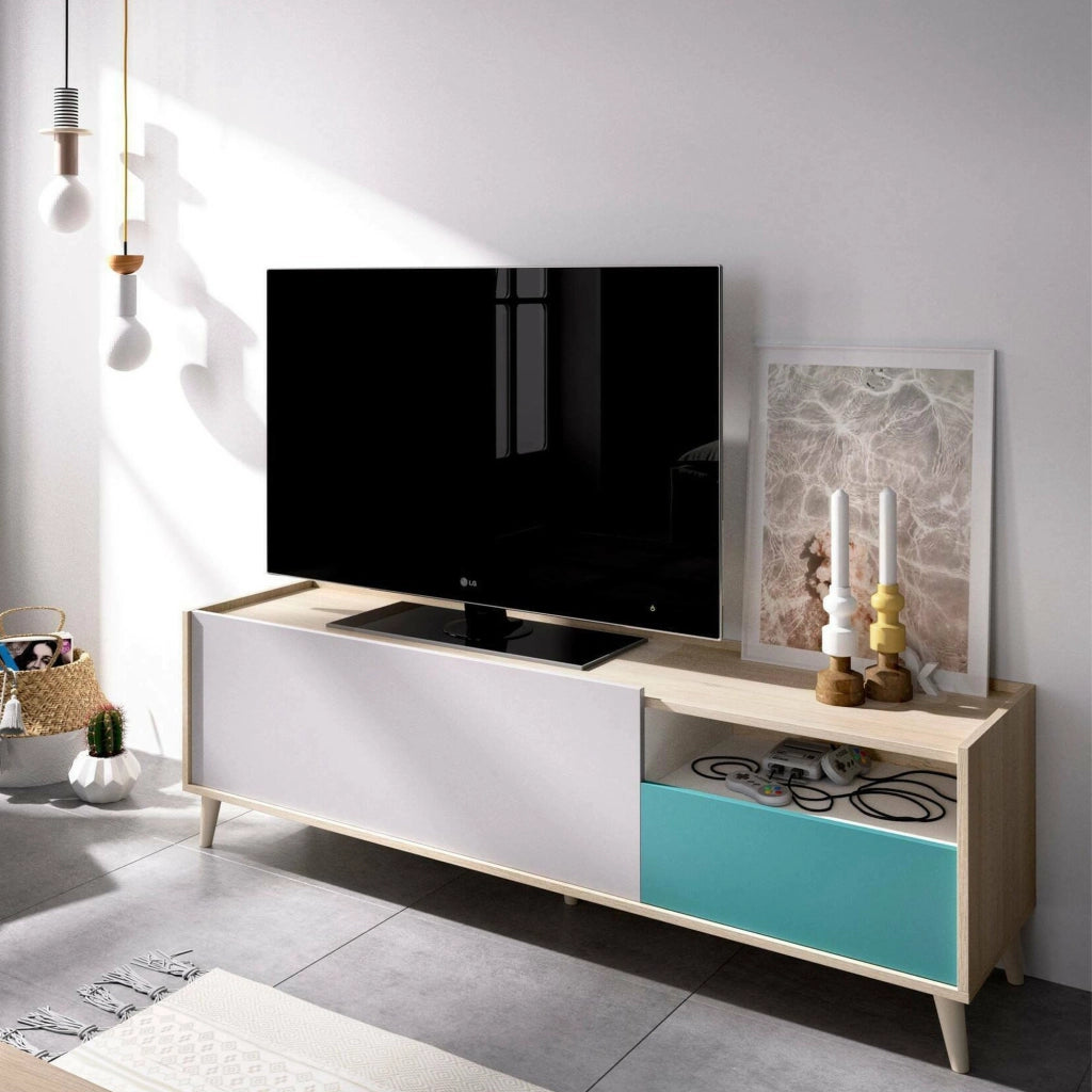 Mobile porta TV Axterix, Credenza bassa da soggiorno, Madia da salotto per televisione, 155x43h47 cm, Rovere e Bianco