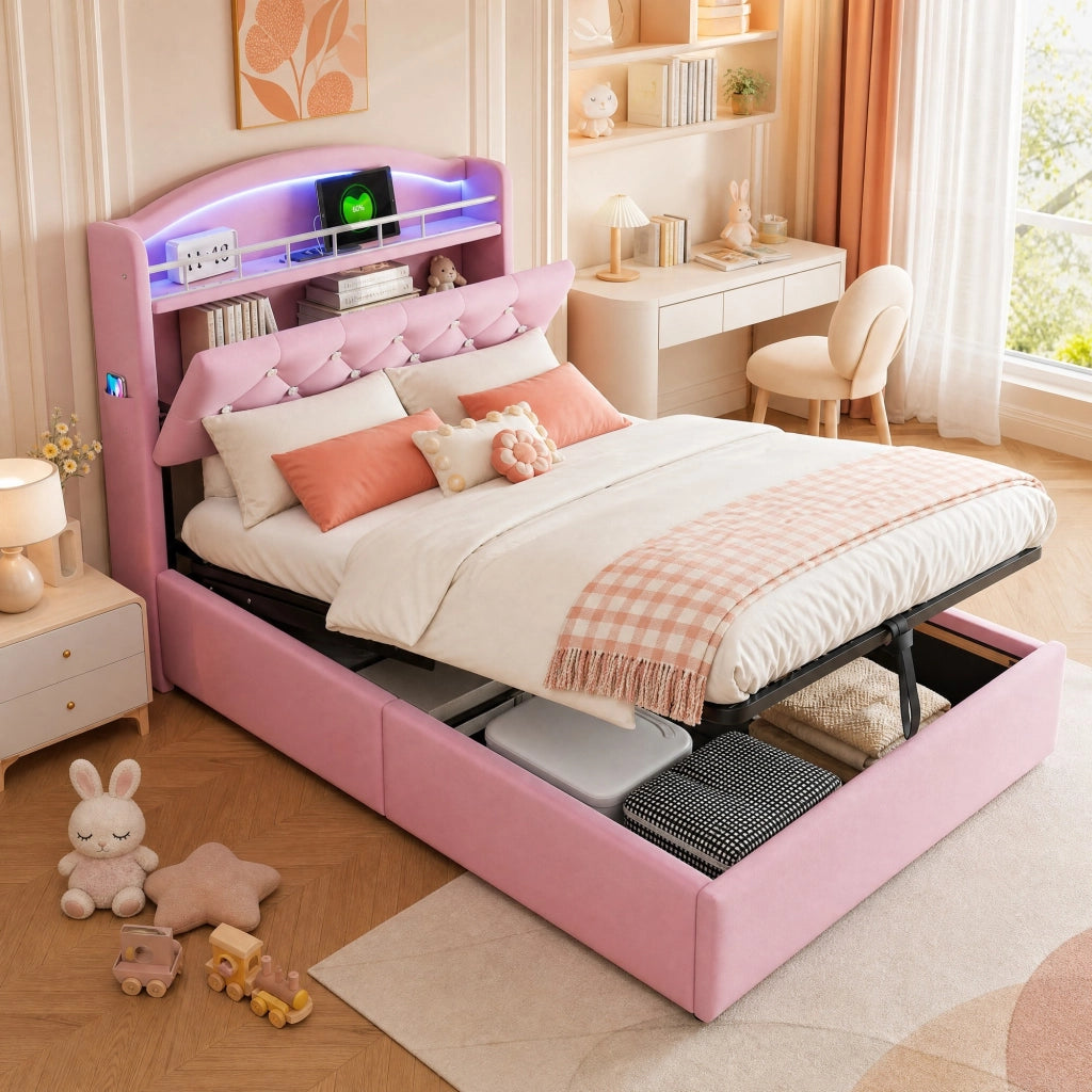 LETTO Imbottito per bambini 90x200 cm Rosa con LED e porte USB