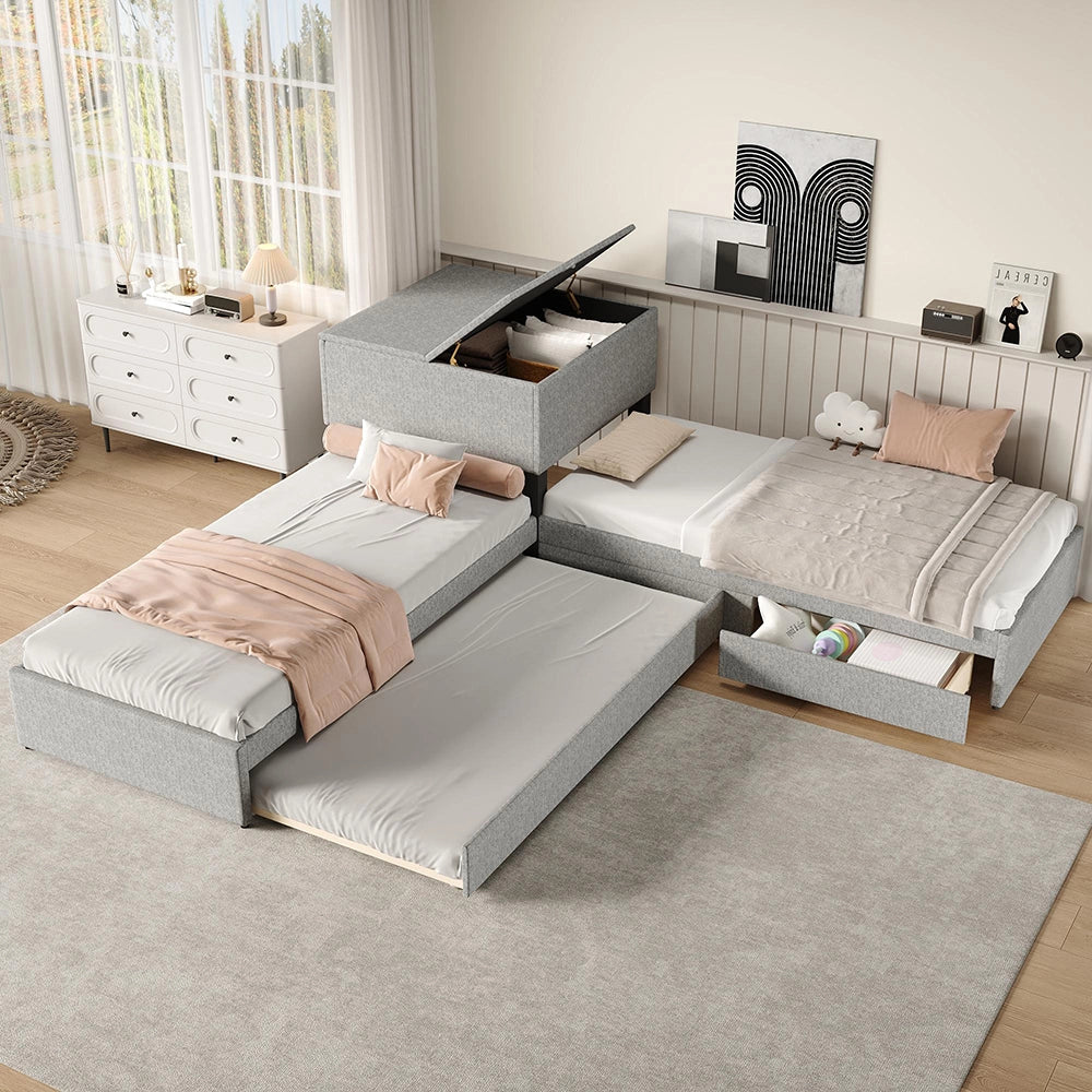 Letto angolare - Xylo - 90x200 cm gigogne lino grigio