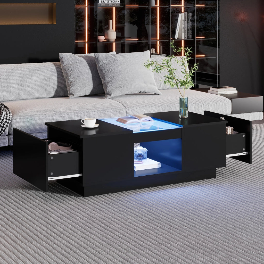 Tavolino da salotto nero con vetro e LED - Zephmum- 100x50x35,5 cm controllo app, 2 cassetti