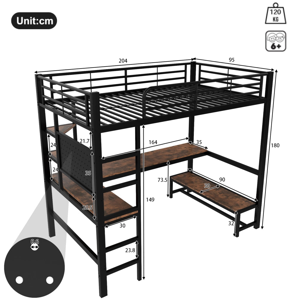 LETTO A CASTELLO 90 x 200 cm con scrivania e LED, metallo, nero