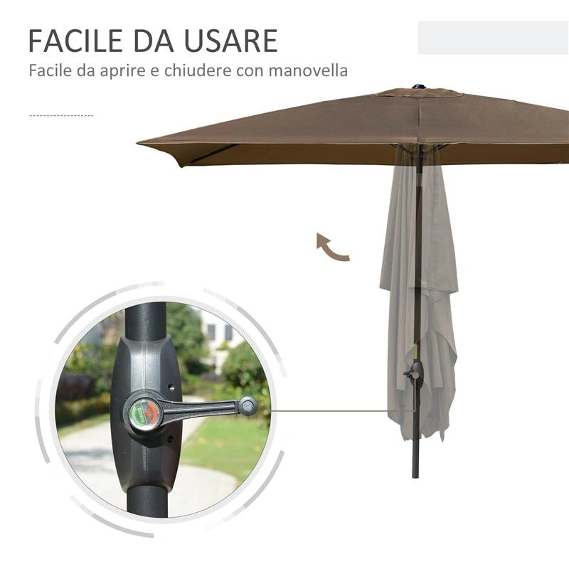 OMBRELLONE DA GIARDINO RETTANGOLARE 3X2 M CON APERTURA A MANOVELLA E INCLINABILE, CAFFÈ