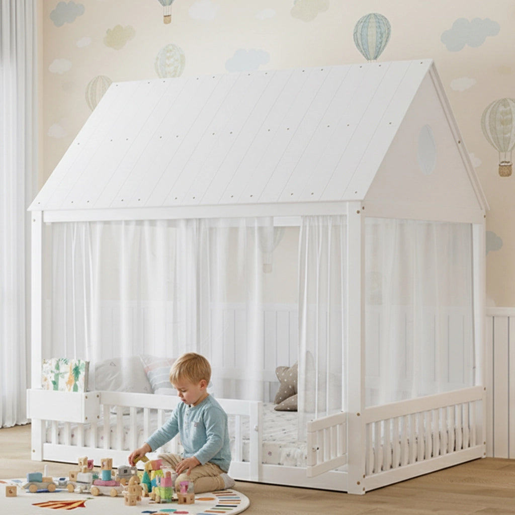 DESMIU Lit enfant 140 × 200 cm avec rangement, fenêtres décoratives, sans matelas, en bois massif et MDF, blanc