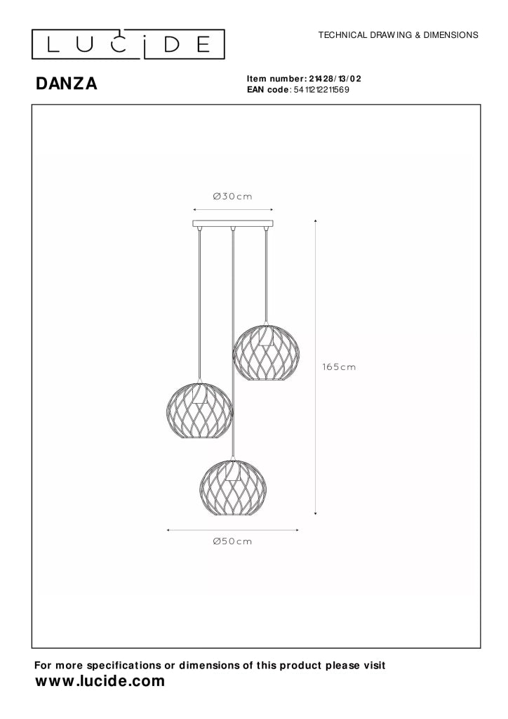 Lampada a sospensione Lucide Danza 3xE27 ottone nero