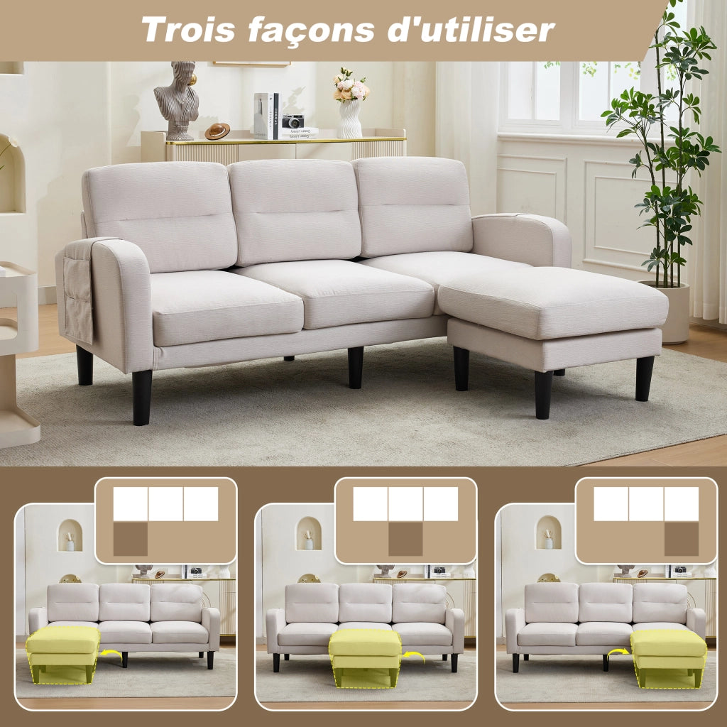 Divano Angolare 3 Posti con Chaise Longue e Tasche laterali in Tessuto Beige 204 × 136 × 80 cm