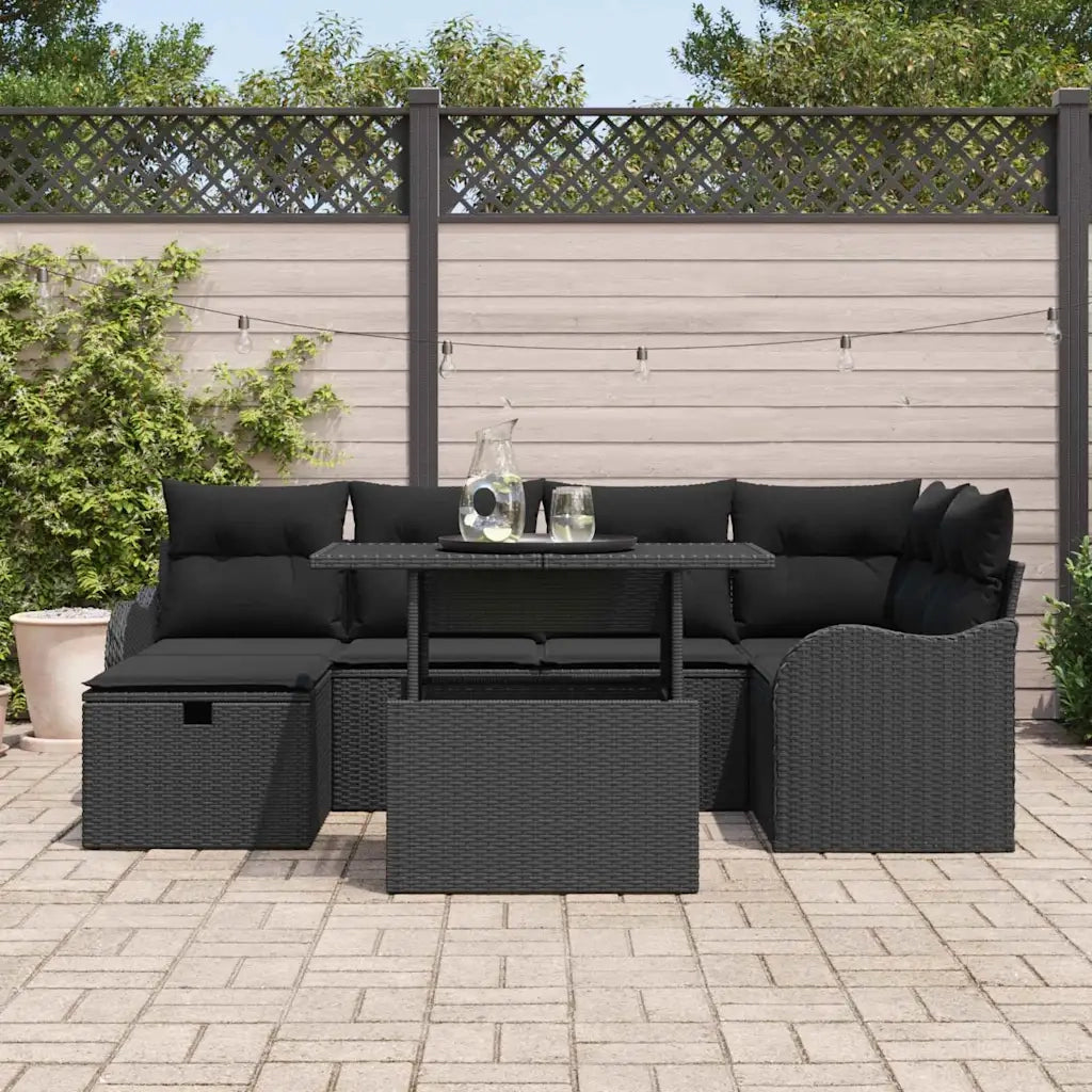 Set Divano da Giardino con cuscino 7 pcs Nero Poly Rattan
