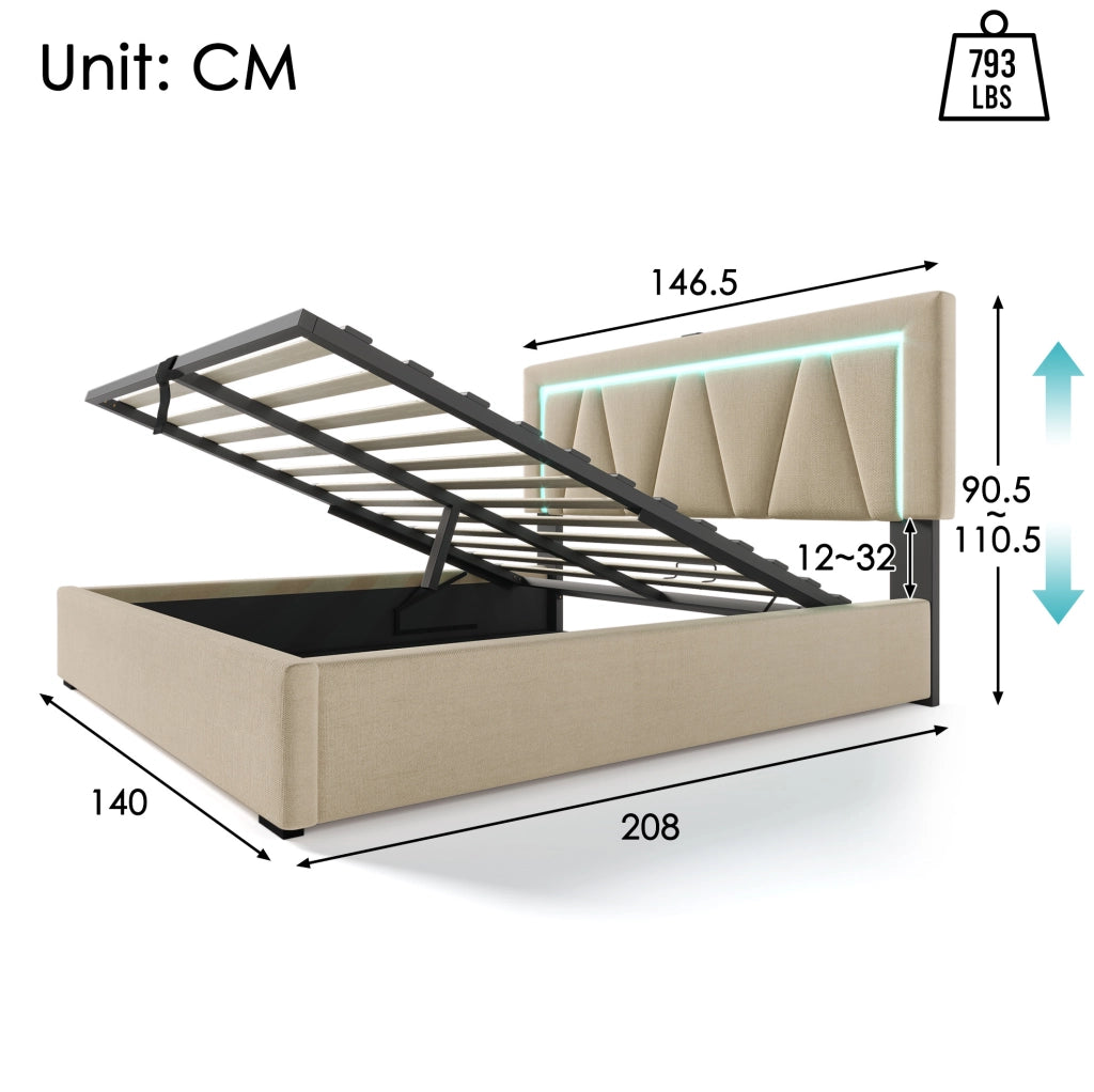 Letto matrimoniale imbottito con LED, USB e porta Type-C, con contenitore e rete a doghe