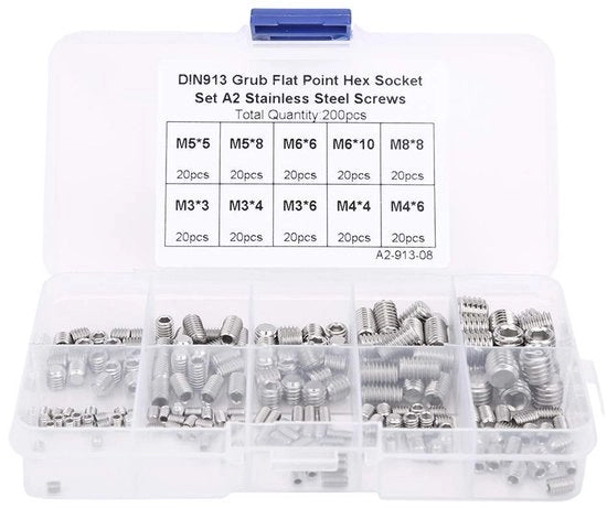 Set di viti in acciaio inossidabile - 200 pezzi - Compreso contenitore di conservazione - M3/M4/M5/M6/M8 - Per strumenti di precisione - Per elettronica e meccanica