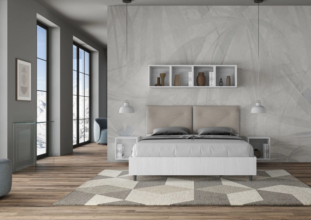 BS COM Letto matrimoniale contenitore 160x190 bianco frassino cuscini similpelle tortora