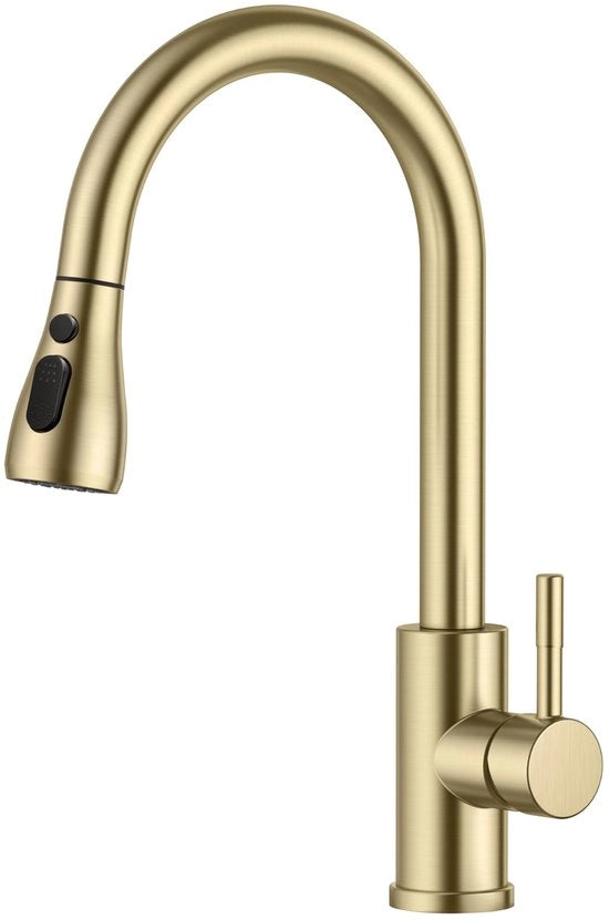 Keukenkraan ad alta pressione con sbriciolatore estensibile, rubinetto estensibile, miscelatore, 360° girevole, finitura laccata oro.