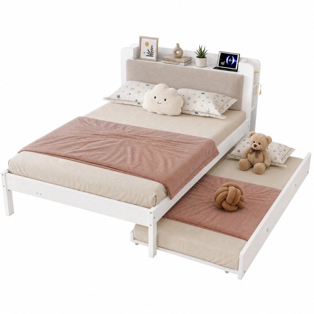 Letto funzionale 120x200 cm bianco con letto estraibile 90x190 cm, testiera imbottita e stazione di ricarica