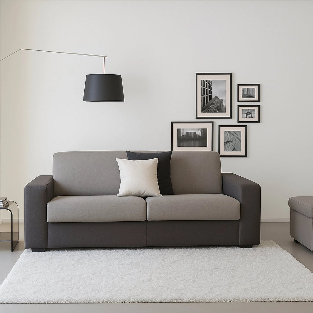 Divano fisso Cianite, Divano a 2 posti Large, Made in Italy, Sofà\  Soggiorno, in tessuto imbottito, con Braccioli slim, cm 180x95h90, Grigio e Antracite