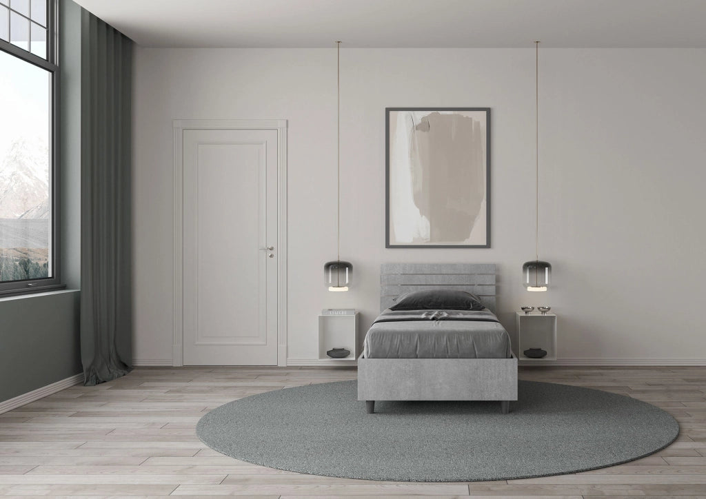 Letto Singolo 80x190 cm con Rete e Contenitore Ankel Testata Doghe Inclinata Cemento