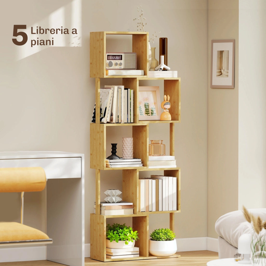 Libreria Moderna Asimmetrica a 5 Livelli 62,5x23x165 cm in Bambù Colore Legno Naturale