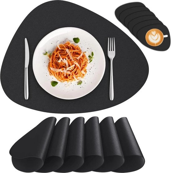 Set di tappeti da tavola e sottotappeti in pelle lavabile - 6 pezzi - antiscivolo e biposto - resistente al calore - nero - 415 x 31 cm