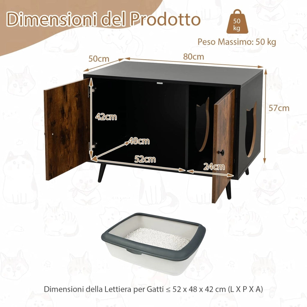 Mobile per Lettiera per Gatti, Casetta per Gatti con Divisore e 2 Ingressi a Forma di Testa di Gatto, Tavolino in Legno Versatile per Salotto, 80 x 50 x 57 cm, Marrone e Nero