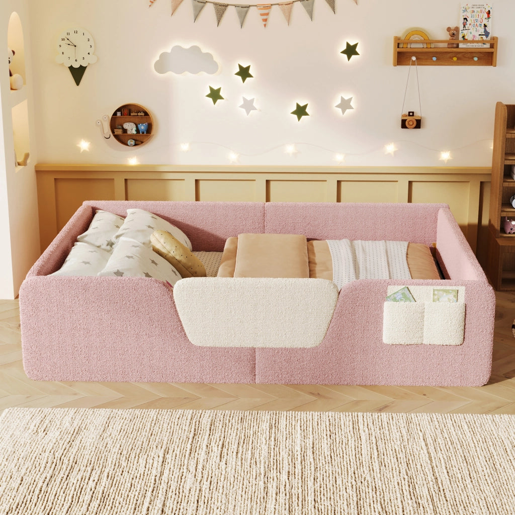 DESMIU Letto bambino 140 × 190 cm con sponde amovibili e tasca, senza materasso, in velluto, rosa