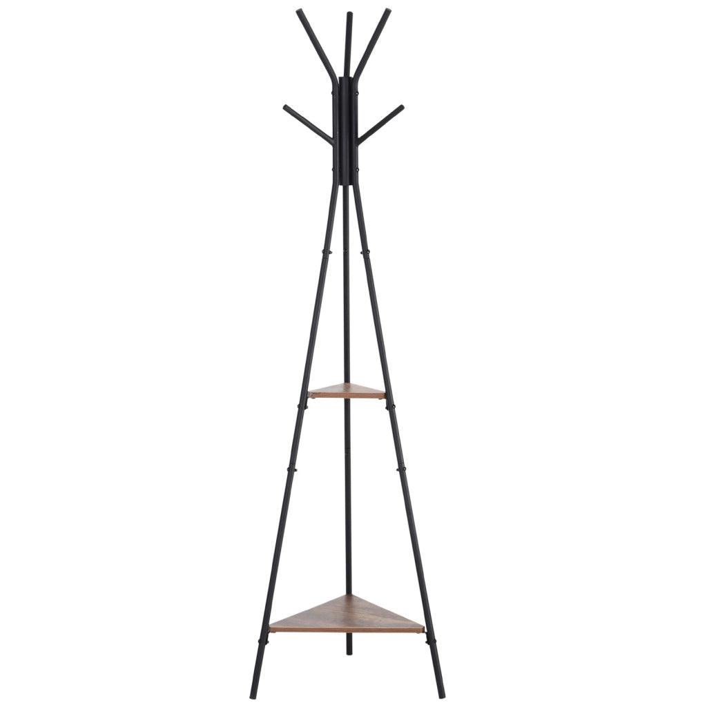 EasyComfort Appendiabiti da Terra con 2 Ripiani e 6 Ganci, Attaccapanni ad Albero in Stile Industriale, 46x52x182 cm, Nero e Marrone