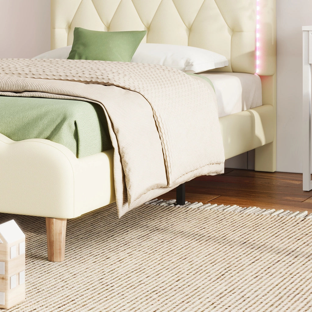 LETTO Polsterato 90x200 cm PU Beige con testiera ondulata e LED