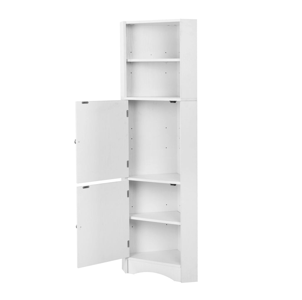 Mobile bagno angolare con ripiani aperti e anta decorata in truciolare bianco