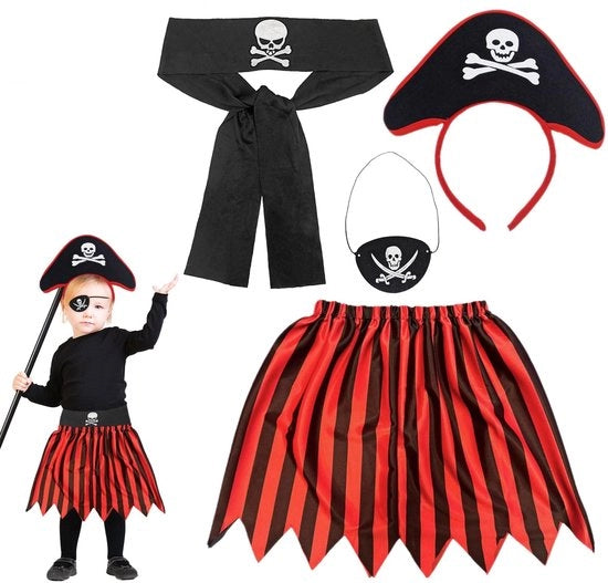 Costume Pirata per Bambini 4 pezzi - Cappotto Pirata - Cinturone con Testa di Morto - Fascia - Occhiali da Pirata - Adatto per bambini di 3-8 anni