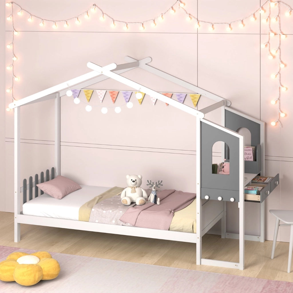 Letto singolo con tetto e staccionata, Letto a piattaforma in legno 253 x 102 x 193 cm, portata 150 kg