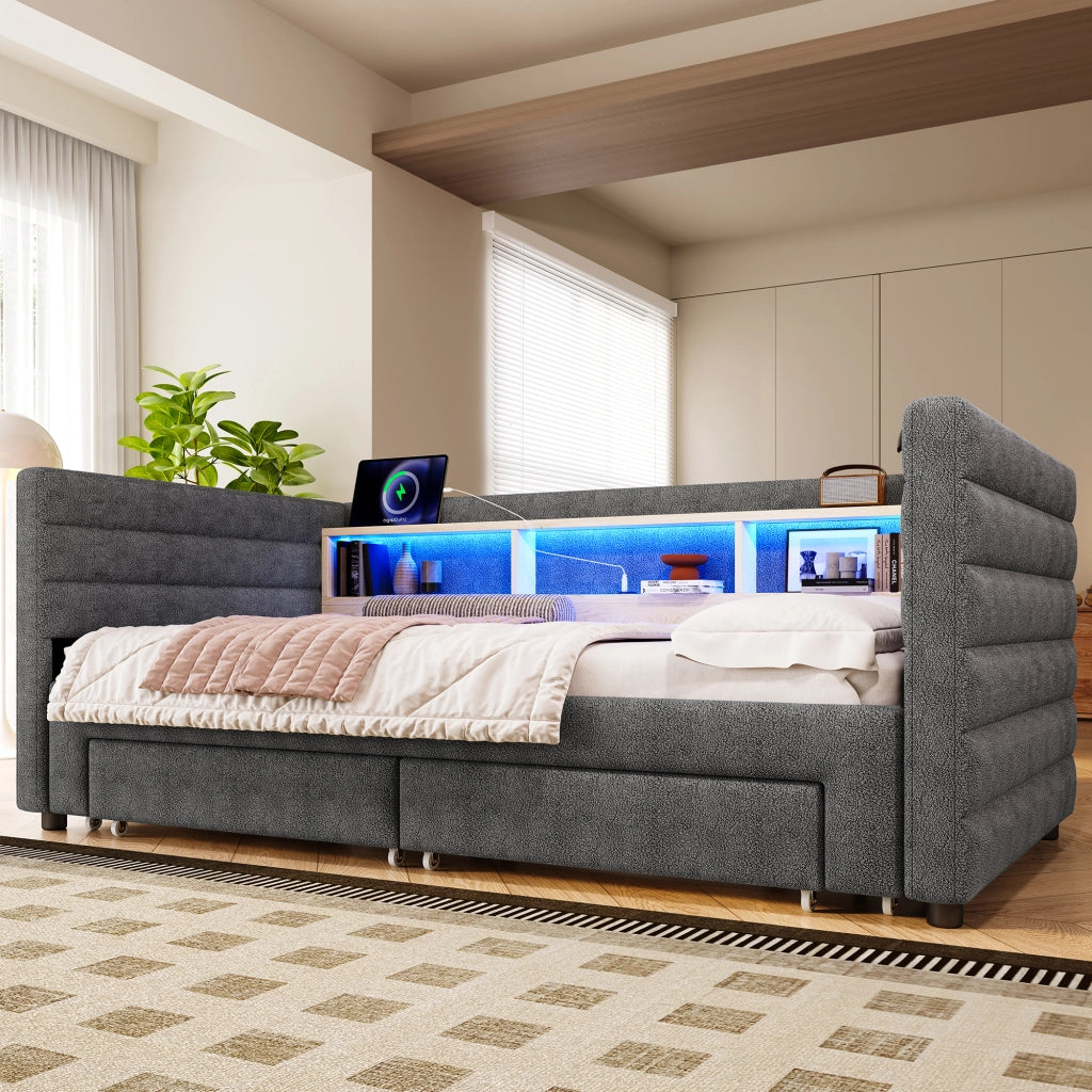 LETTO estraibile 90x190 cm in velluto grigio con LED, 2 cassetti e USB/Type-C