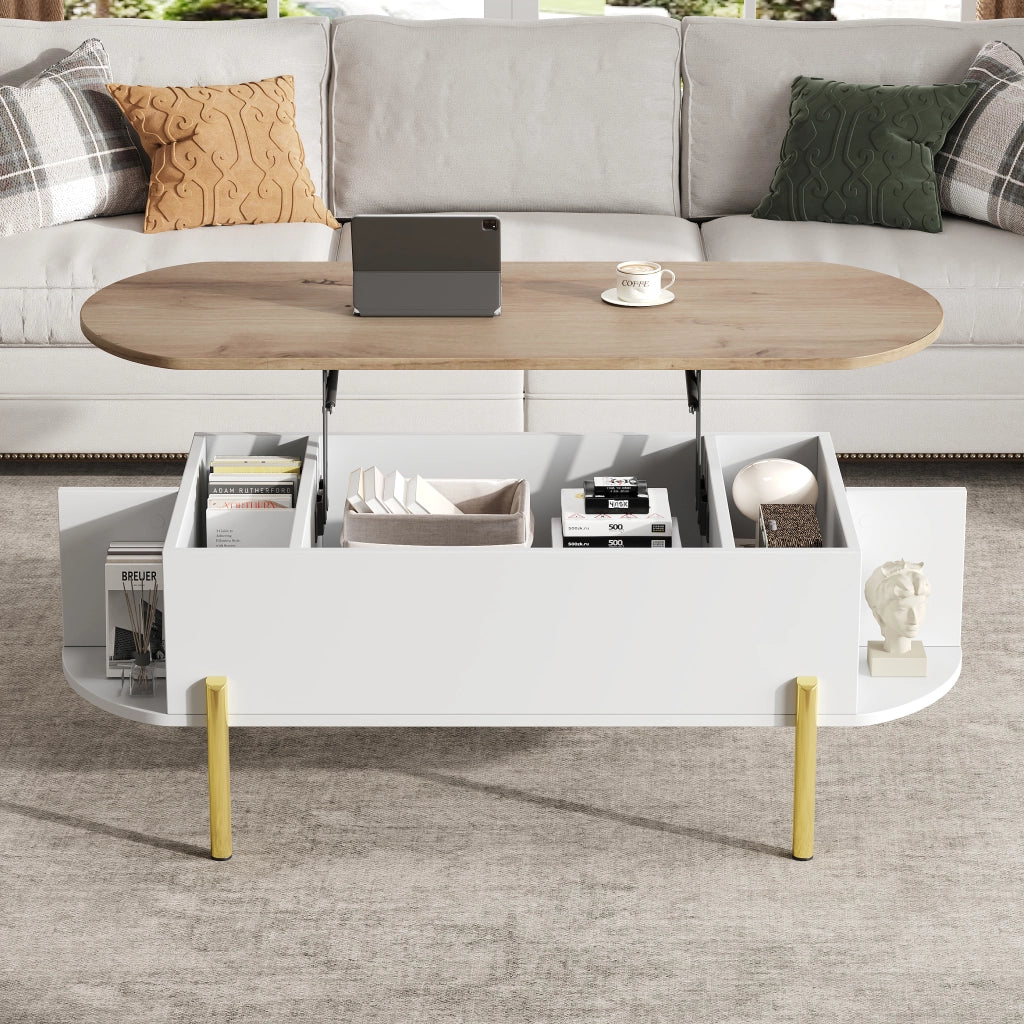 Tavolino da caff¨¨ sollevabile 120 x 50 x 43 cm con vano contenitore nascosto, MDF bianco e piano effetto legno naturale