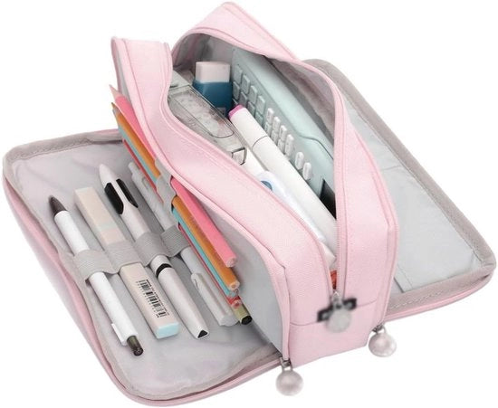 Tecnico per Penna con 3 Cusce per Scuola e Trucco - Etui Rosa per Ragazzi e Ragazze